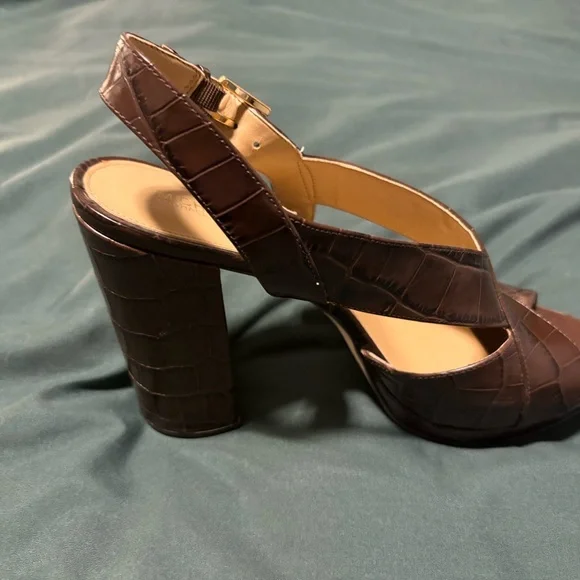 Michael Kors Becky Embossed Leather Sandal Heels Elegant Brown Slingback Heels - Picture 3 of 6